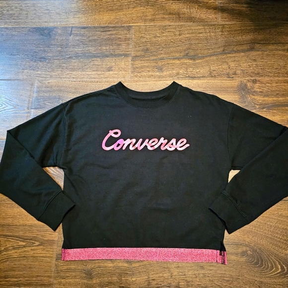 Converse Size 12-13 Girls Pink Black Pullover Sweatshirt Logo Cropped - Picture 1 of 9